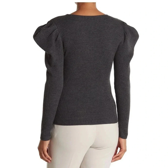 MILLY Isabella Puffed Shoulder Ribbed Wool Sweater Long Sleeve Gray Size 2 - Picture 3 of 10
